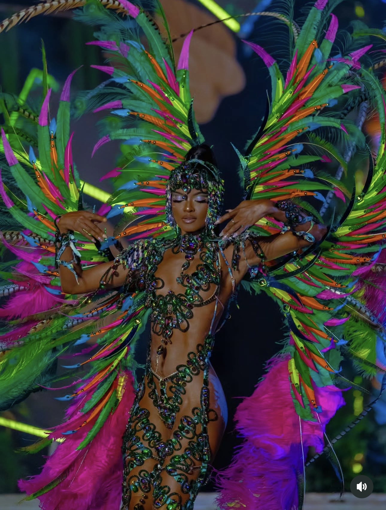 YUMA masquerader mid-jump on the road at Trinidad Carnival 2026