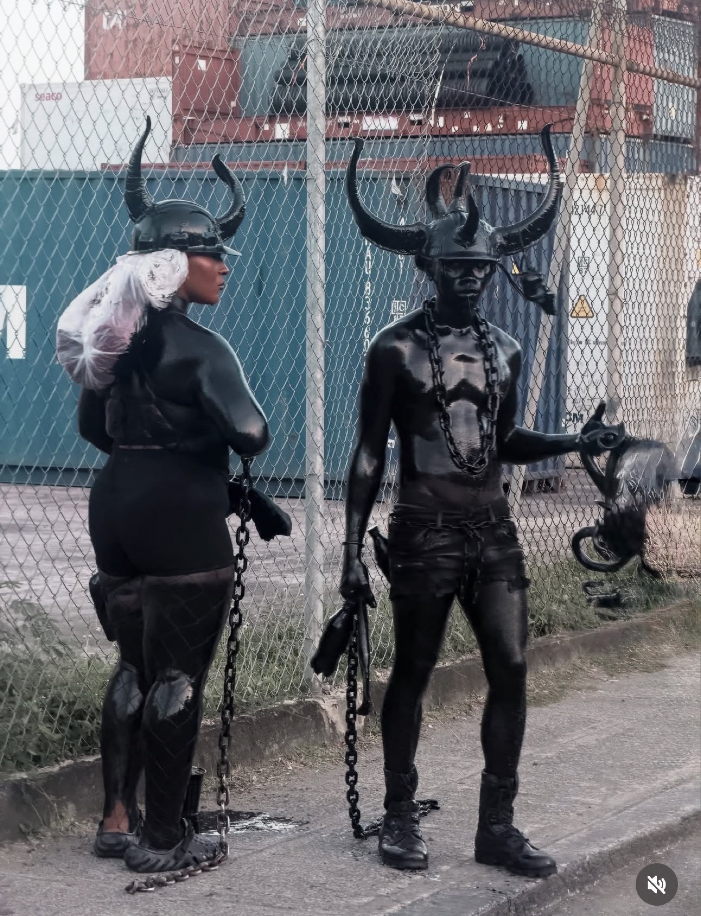 A Grenadian Jab Jab wearing a horned helmet, the symbol of rebellion, at Spicemas