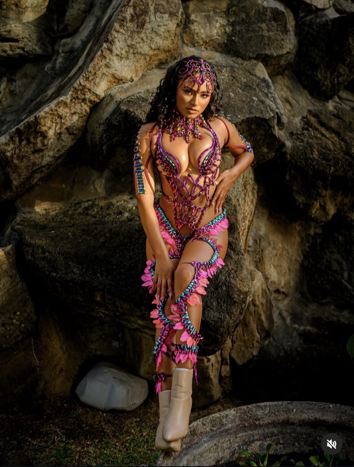 Dania Duntin in a pink and blue Spicemas costume in Grenada with Carnival Glam Hub makeup and photoshoot